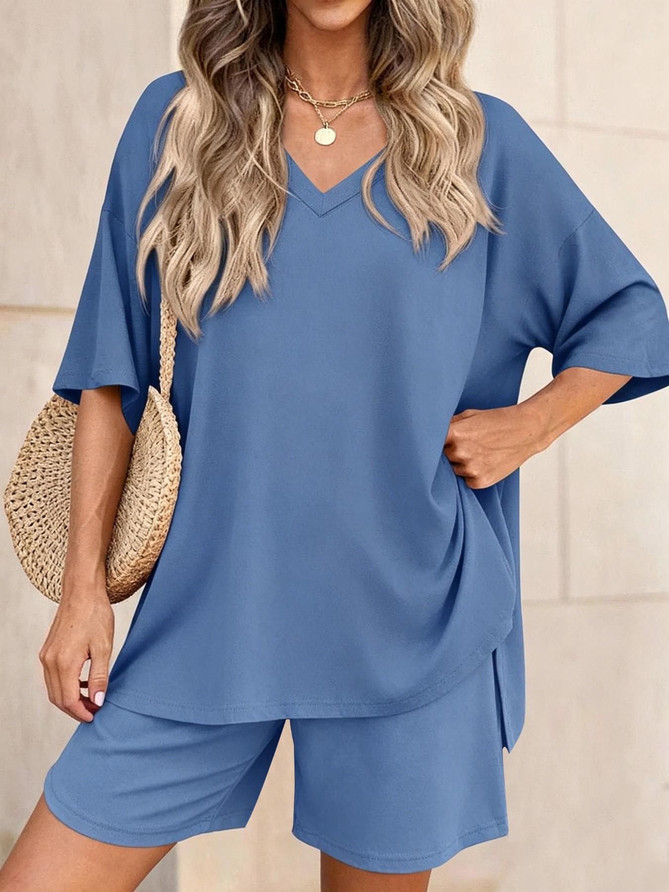 2026 Summer New Arrival Women's V Neck Solid Color Loose Shorts Pajama Set, Fashion Casual Loungewear, Comfortable Soft Sleepwear