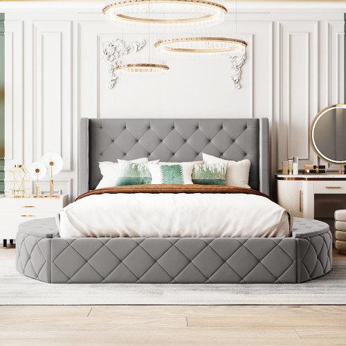 【Bellemave】Upholstered Platform Bed Queen Size Storage Velvet Bed with Wingback Headboard and 1 Big Drawer,2 Side Storage Stool(Beige)