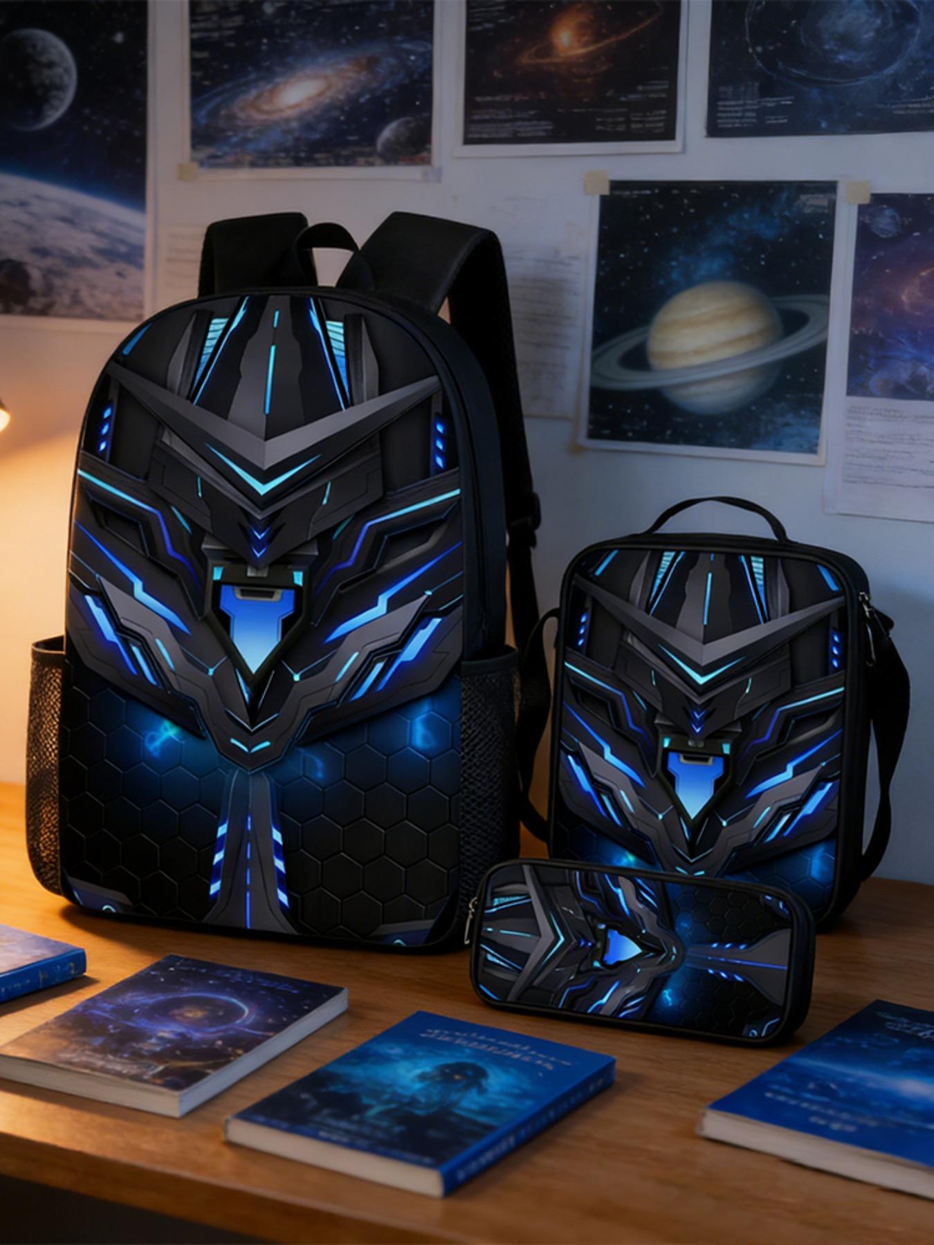Mechanical Style Three-Piece Backpack Set, Casual Daily Use Bag for Boys, Durable Student Bookbag with Spacious Design, All Seasons