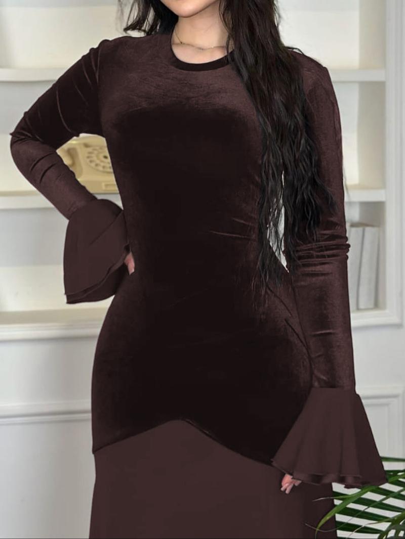 Fashion Elegant Flare Sleeve Lace-Up Bodycon Dress, Long Sleeve Casual Fall Dress, Plain Pattern, Slender-Fitting Design
