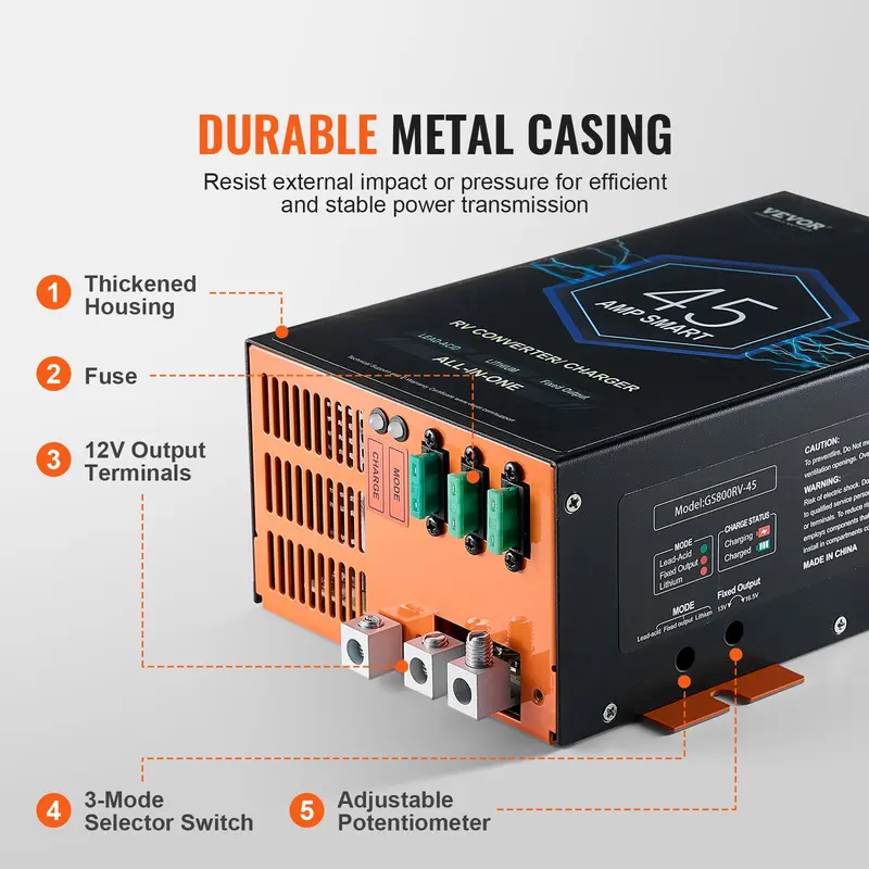 VEVOR 45A RV Power Converter Battery Charger, 110V/120V AC to 12V DC, 4-Stage Smart Charging, 13.0-16.5V Adjustable Operating Range, 30Ah-50Ah Compatible, for Lithium/Lead Acid Batteries, ETL Listed, Advanced Protection, Backup Fuse, Ideal for Road Trips