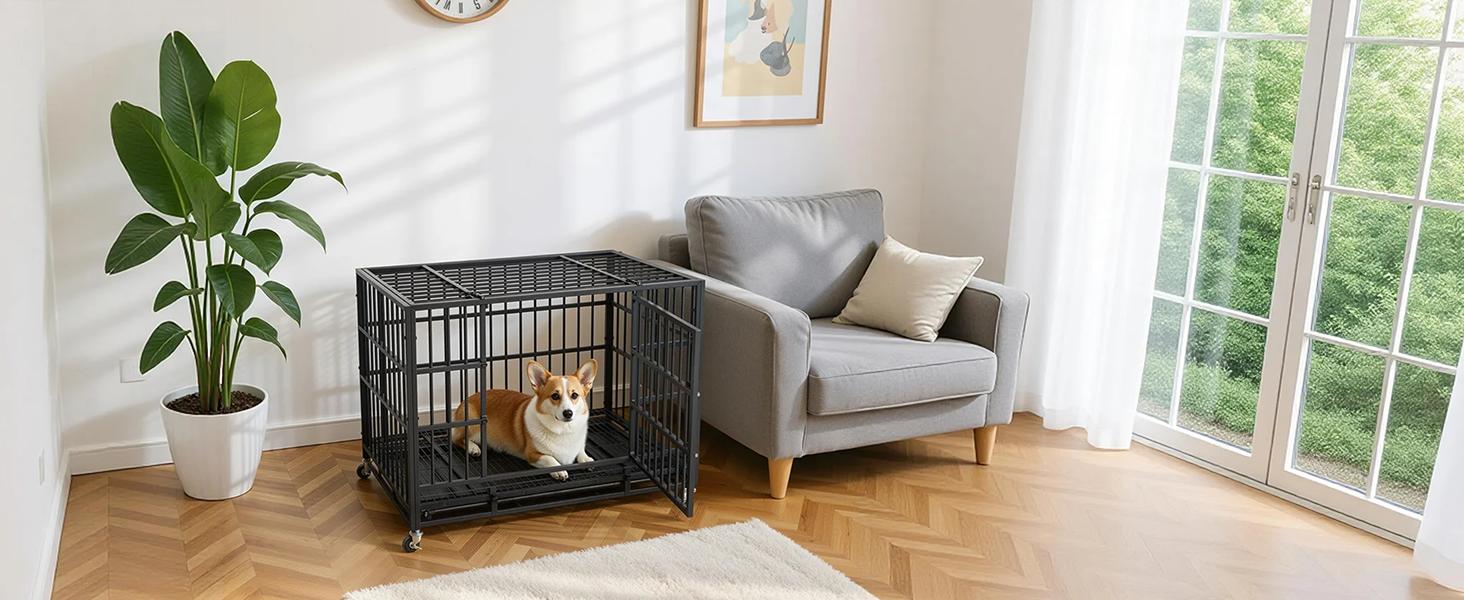 38” Heavy Duty Indestructible Dog Crate, High Anxiety Dog Crate, Escape Proof Dog Cage Kennel with 4 Lockable Wheels, Double Sturdy Locks, Double Door and Removable Tray Design 38” Heavy Duty Indestructible Dog Crate, High Anxiety Dog Crate, Escape Proof Dog Cage Kennel with 4 Lockable Wheels, Double Sturdy Locks, Double Door and Removable Tray Design