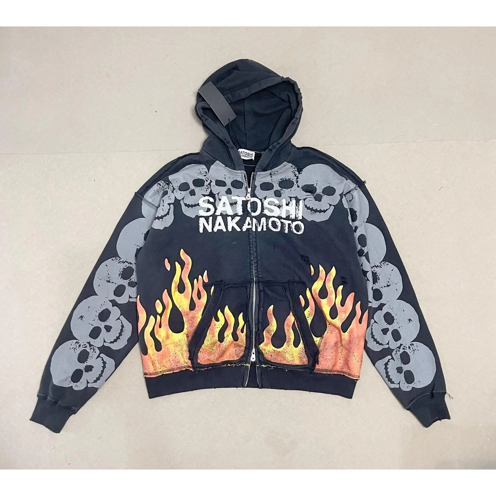 Satoshi Nakamoto Skull Flame Print Zip Up Hoodie, Vintage Distressed Washed Unisex Y2K Hip Hop Streetwear Loose Jacket