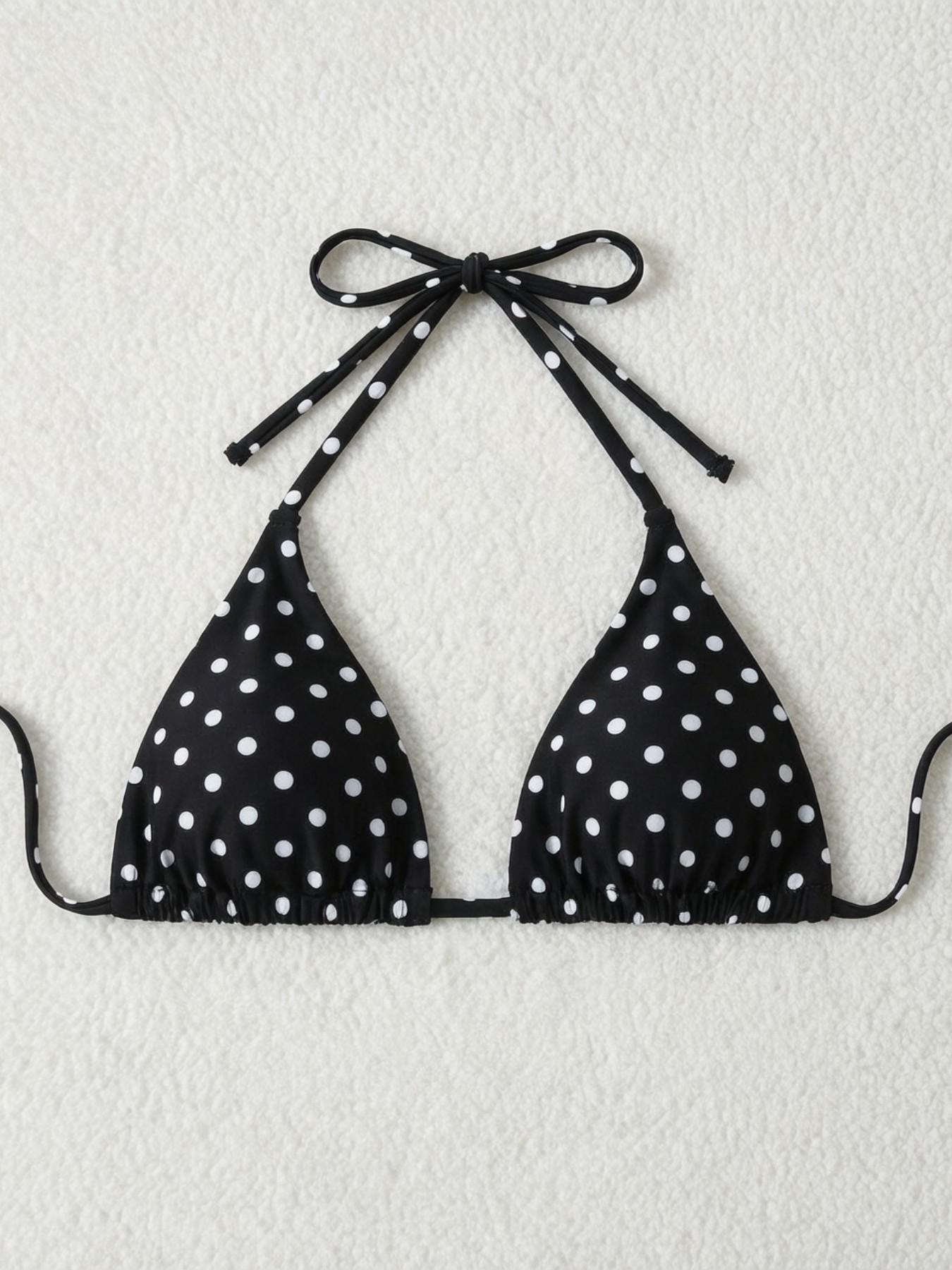 2026 Spring/Summer Women's Polka Dot Halter Black Bikini Set with Side-Tie Bottoms
