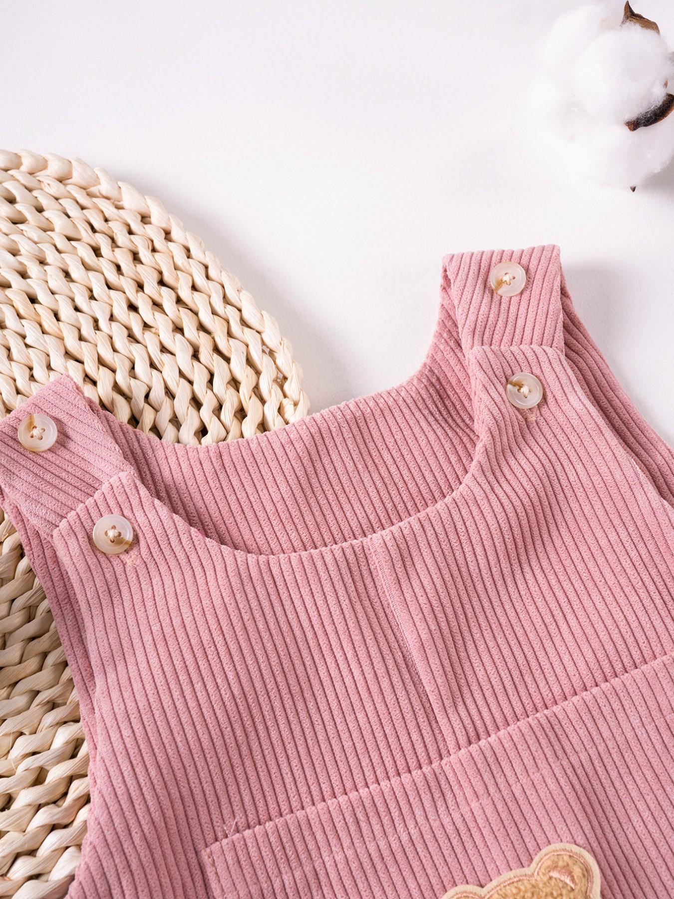 Baby's Plain Overalls with Bear Patch Decor, Casual Soft Comfy Sleeveless Jumpsuit for Summer, Newborn Infant Baby Clothes Girl Kids Clothes for Daily Wear