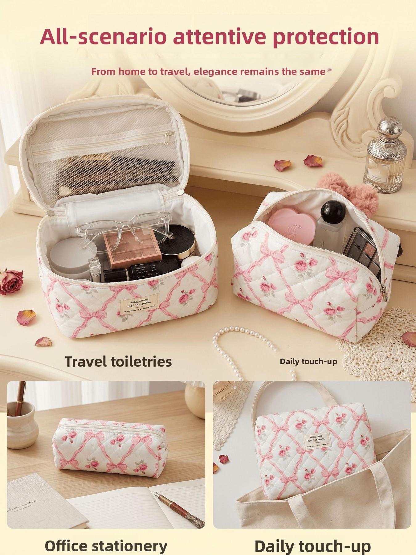 Pink rose bow quilted cosmetic bag set, multi-size cosmetic bag, suitable for daily and travel storage