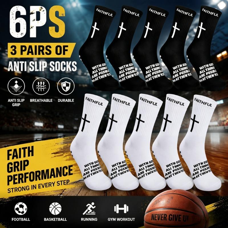 6Pcs(3Pairs) Unisex Athletic Grip Socks - Anti-Skid Rubber Performance Socks with Christian Cross Bible Motifs, Soft Stretch Comfort, Power Grip for Football, Basketball, 4-Season Sports Wear, Rubber Sports Socks