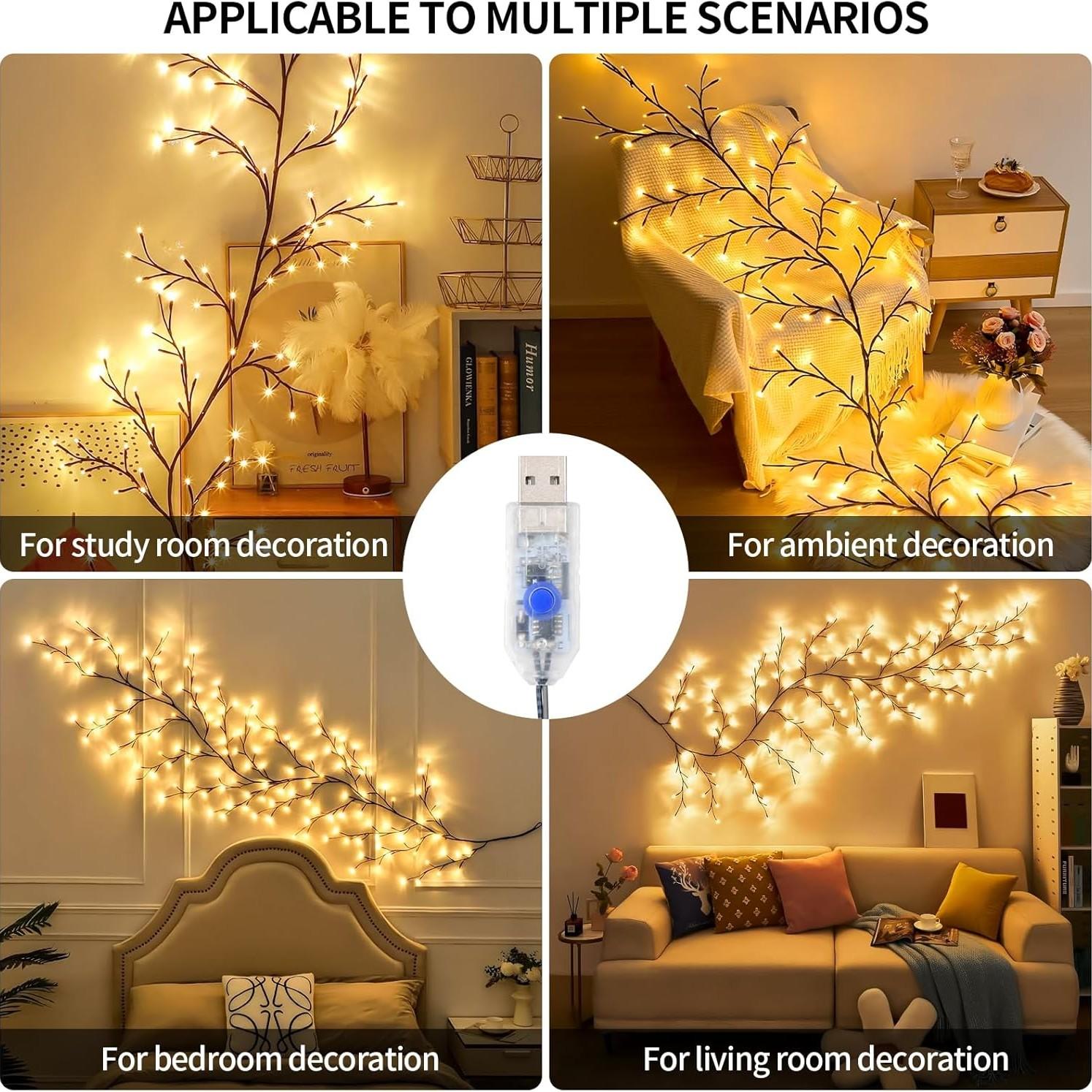 Willow Branches String Lights USB Powered with Remote Control, 8 Modes Warm White Twinkling Tree Lights for Wall Decor, Home Bedroom Living Room, Christmas Valentine Easter Wedding Party DIY Decoration Lamp