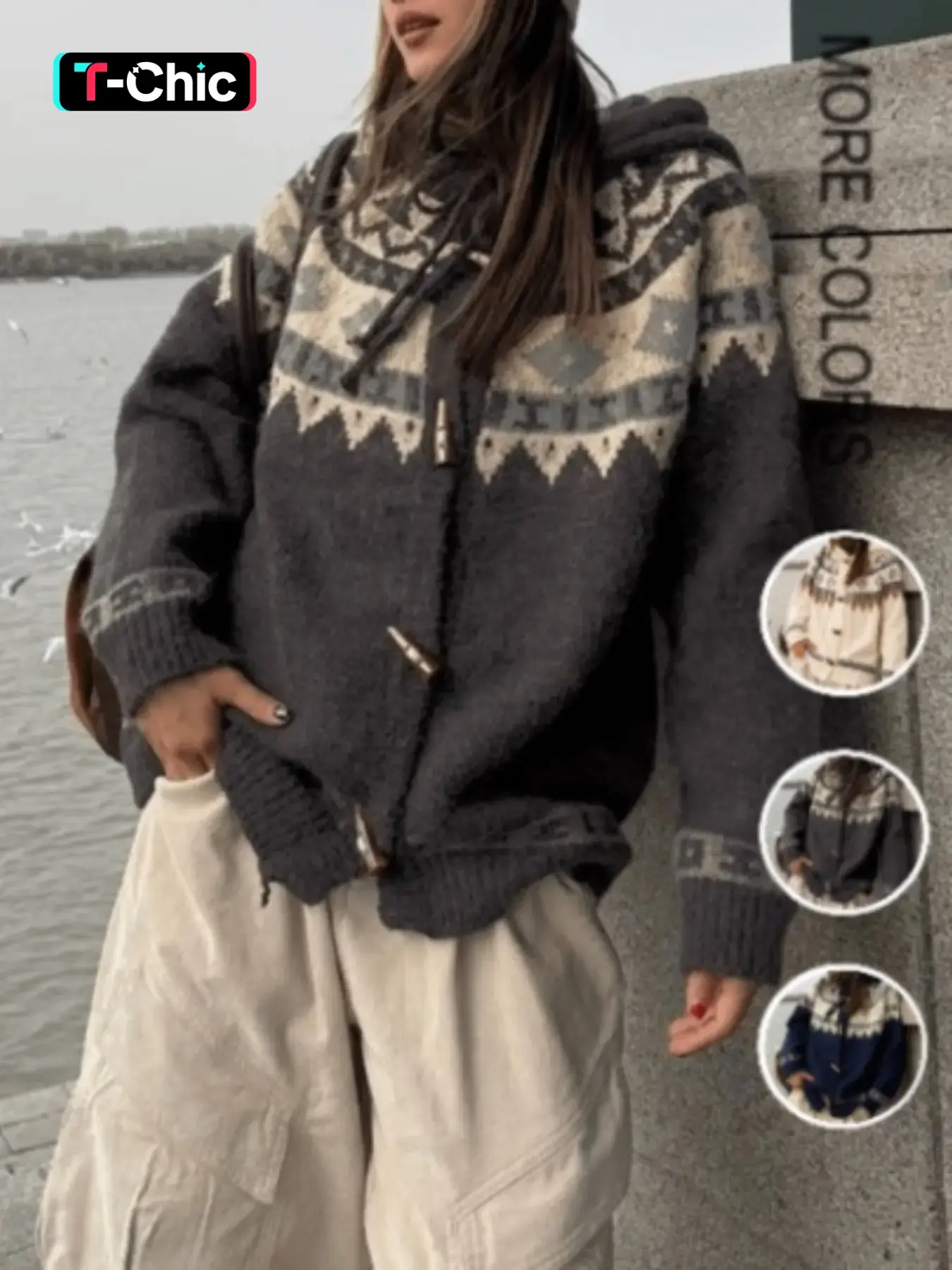 Fair Isle Thick Hooded Sweater Cardigan, Unisex Fall Winter New Knit Top, Loose Button Coat, Vintage Nordic Style, Couples Fashion