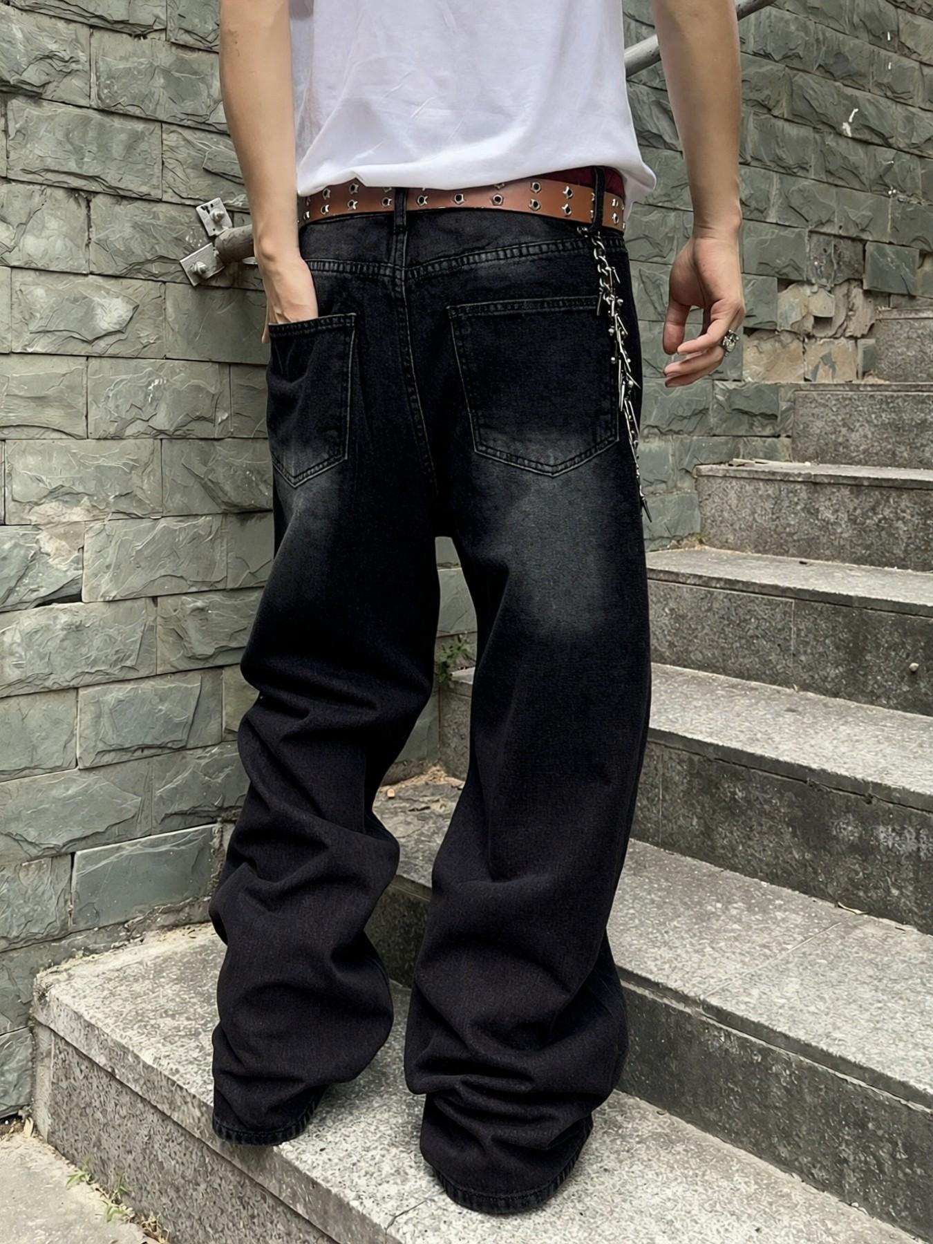 Y2K Retro Black Stone Washed Loose Jeans, Men's Streetwear Hip-Hop Casual Pants, Wide-Leg Loose Jeans with Distressed Effect, for Leisure Daily Wear
