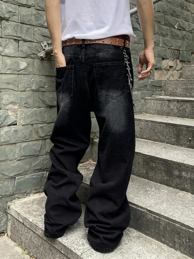 Y2K Retro Black Stone Washed Loose Jeans, Men's Streetwear Hip-Hop Casual Pants, Wide-Leg Loose Jeans with Distressed Effect, for Leisure Daily Wear