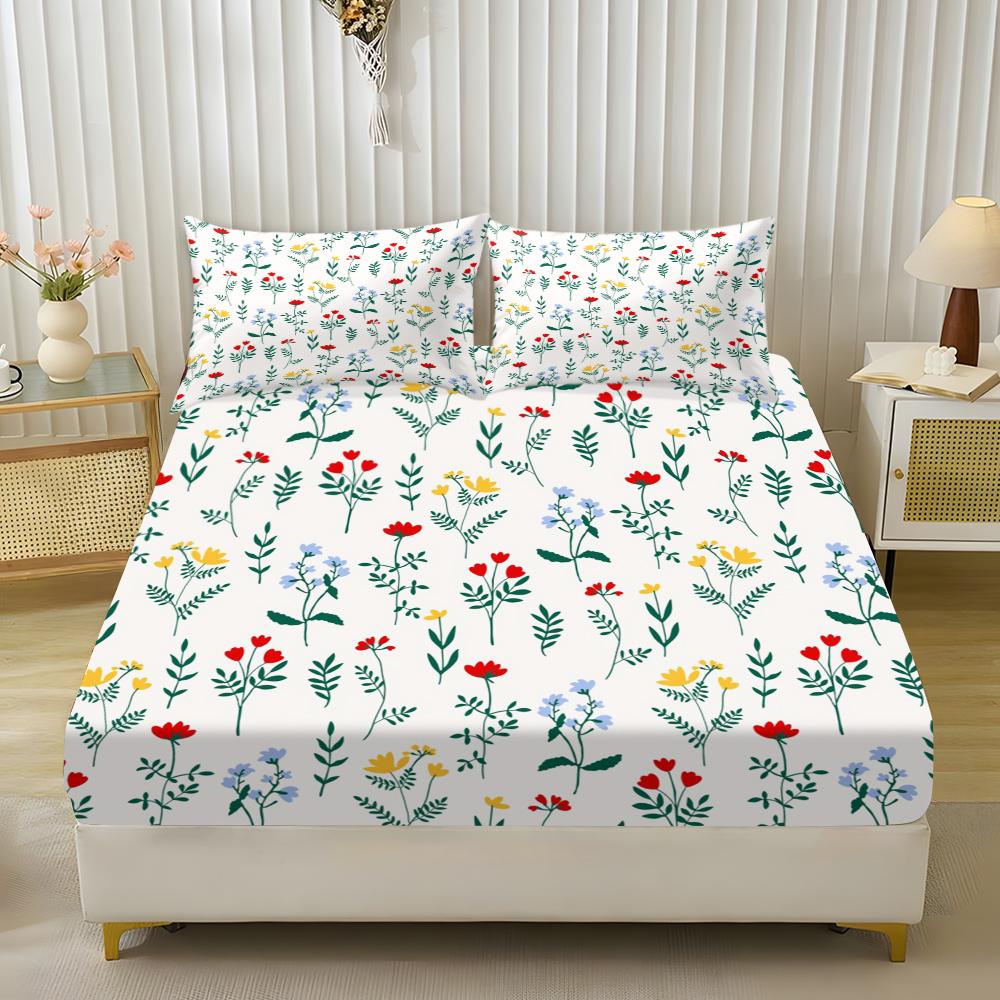 Three pieces with small floral patterns in the three primary colors  Print Fitted Sheet Set (1 Fitted Sheet + 2 Pillowcases), Casual Style, High-Quality Bedding for Bedroom or Guest Room