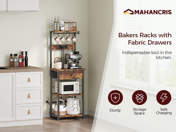 Mahancris, Bakers Rack with Drawer, Charging station and Hooks, Coffee Bar Corner, 4-Tier shelves Storage for Kitchen, Dining Room, Rustic Brown and Black