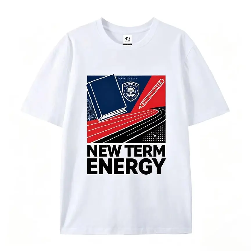 Men's Oversized Cotton Graphic T-Shirt - New Term Energy School Track Design, Short-Sleeve Menswear Top, Back to School Casual Comfort Tee, Ideal Student Gift, Tops, Shortsleeve