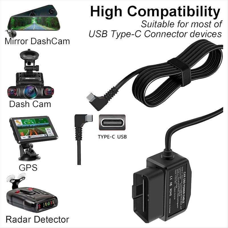Dash Cam OBD Hardwire Kit with USB Type-C 12-24V to 5V/3A Universal Plug-and-Play Low Voltage Protection 3.5M Cable for Car DVR Monitor