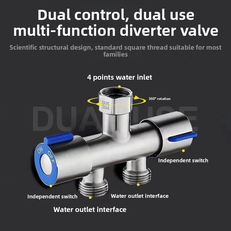 Household tap water faucet one inlet two outlets three-way water splitter, 4-point universal interface double-headed diverter valve, garden irrigation hose adapter labor-saving accessory
