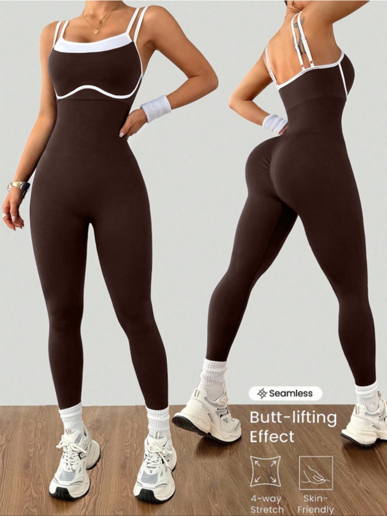 Women's Colorblock Adjustable Straps Sporty Jumpsuit, High Stretch Knit Waistband, Casual Fashion Yoga Pants, All Seasons Wear, Backless Sports Jumpsuit