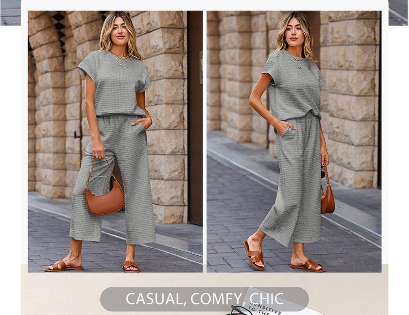 Shewin 2026 Spring/Summer Two Piece Set Outfits Casual Sweatsuits Pullover Tops & Wide Leg Sweatpants Lounge Sets for Women Daily Wear Going Outfits Clothes Shortsleeve Round Neck Batwing Crewneck Women'swear