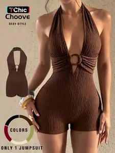 Women's Summer Sexy Halter Neck Sleeveless One-Piece Short Romper, Stretchy Slim-Fit Fabric, Casual Comfortable for Warm Weather