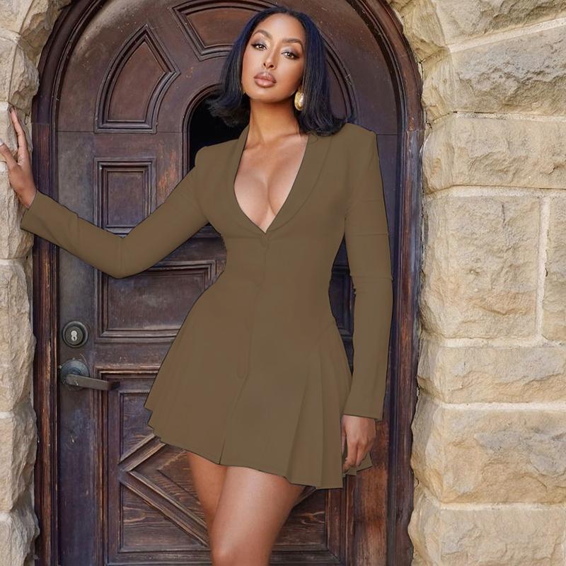 Women's Solid Deep V-Neck Pleated A-Line Dress, Elegant Formal Chic Button Front Long Sleeve Short Dress for Spring & Fall, Women's Clothing for Daily Wear