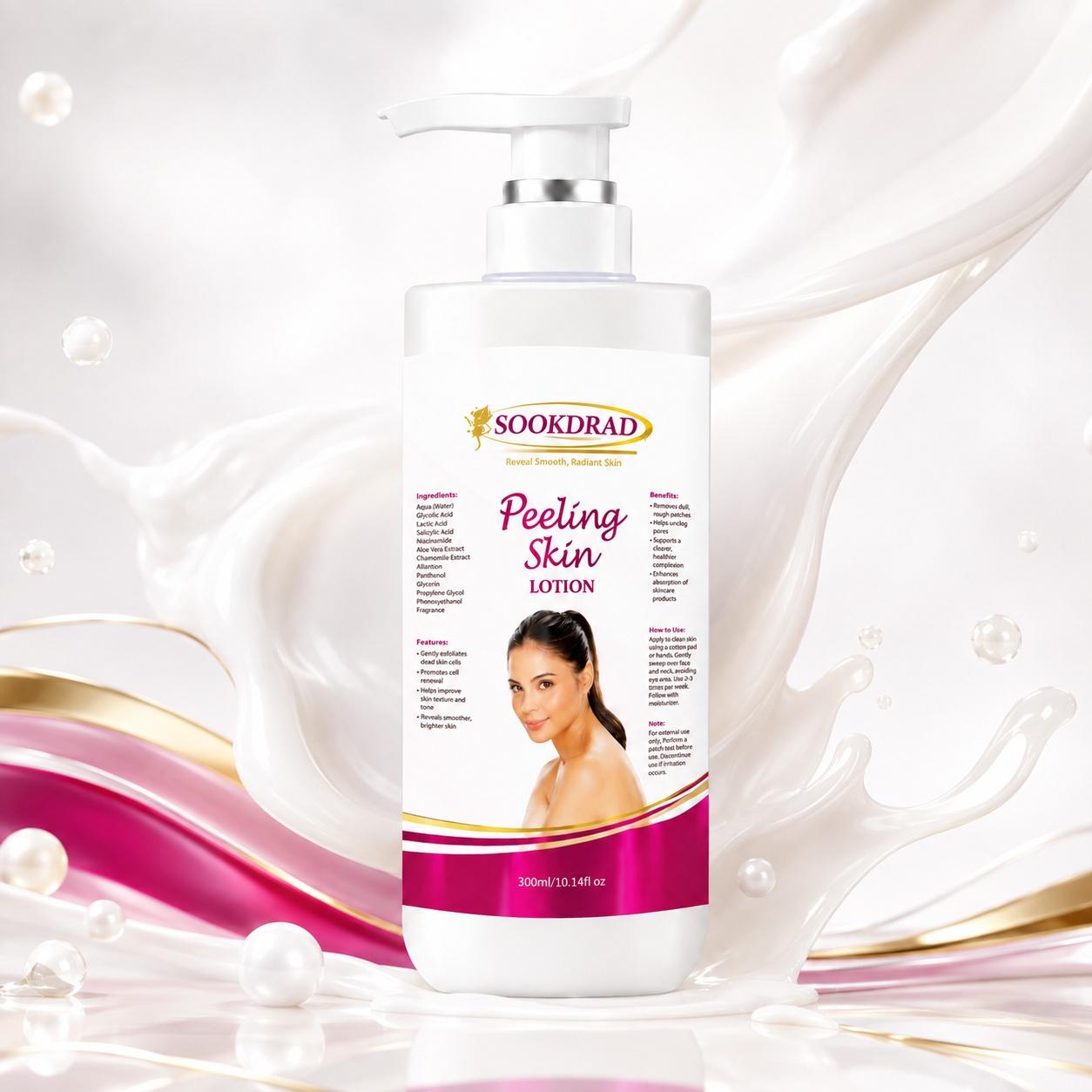 Peeling Skin Lotion, contains Glycolic Acid, Lactic Acid, Salicylic Acid, Niacinamide, Aloe Vera Extract, Chamomile Extract, exfoliates dead skin cells, improves skin texture, unclogs pores, reveals
