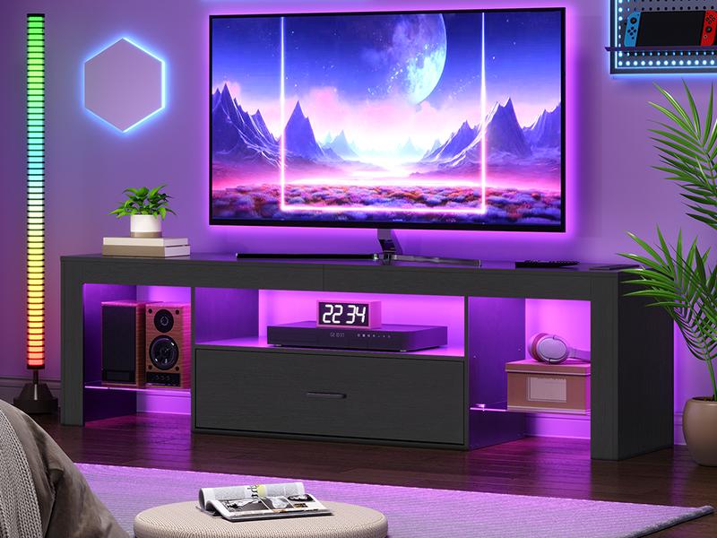 HOOBRO LED Modern Media TV Console Table with Large Drawer, TV Stand with Power Outlets to 65 inch TV, Gaming Entertainment Center with Glass Shelves, for Living Room Bedroom, Black HOOBRO LED Modern Media TV Console Table with Large Drawer, TV Stand with Power Outlets to 65 inch TV, Gaming Entertainment Center with Glass Shelves, for Living Room Bedroom, Black