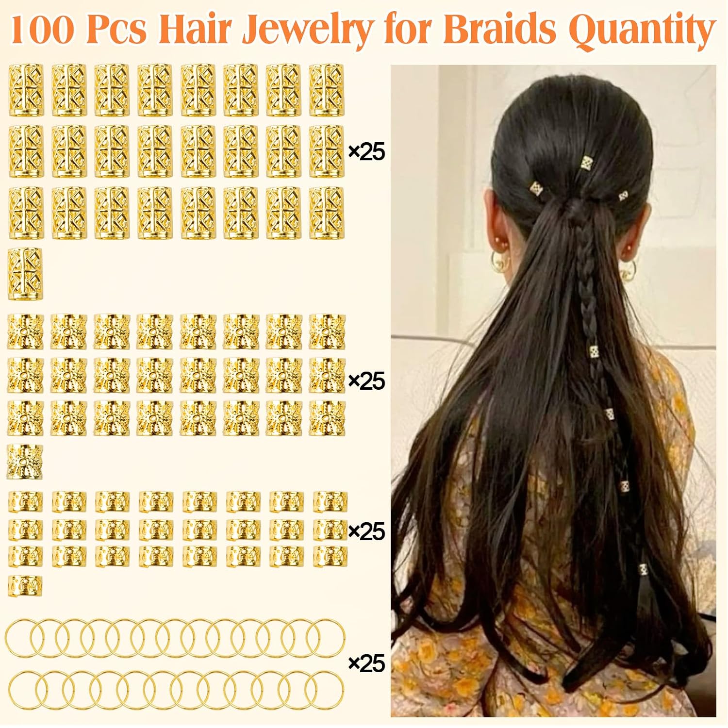 100 count  Hair  for Braids,  Hair Cuffs | 4 Styles Dreadlock Accessories, Adjustable Metal Hair Clips, Hair Rings Braiding Decorations for Women Men
