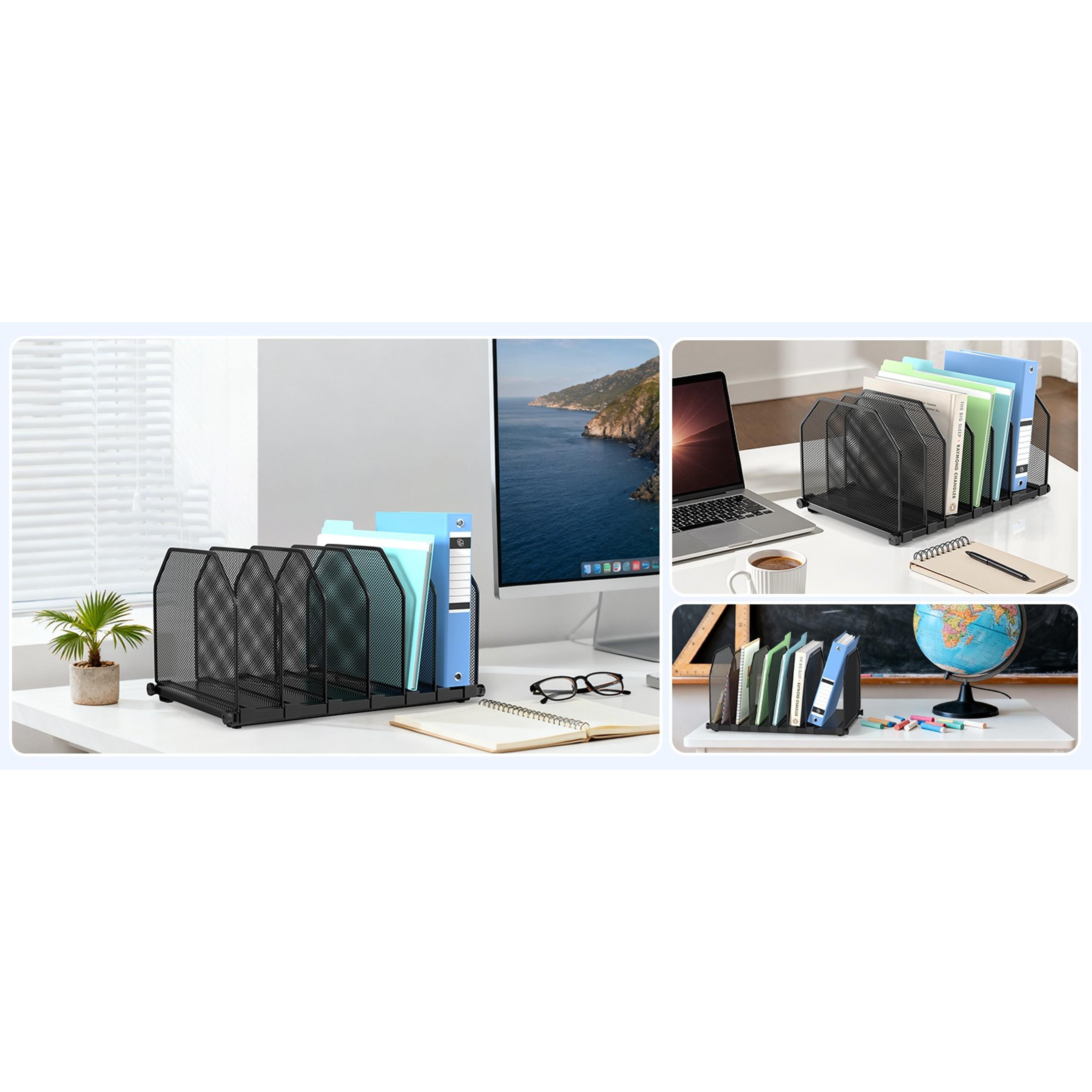 Adjustable File Organizer for Desk, 6 Sections Vertical File Folder Holders Desktop Binder Organizer, Mesh Desk Organizer File Sorter for Home Office ClassroomGift