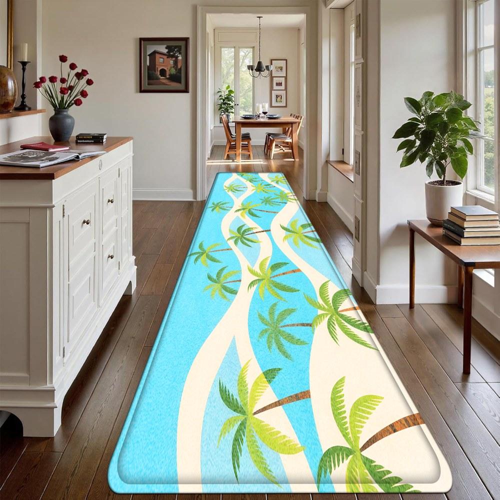 1PC， Spring Coconut Tree Beach Scene Patterned strip rugs, home décor, bathroom mats, entryway mats, bathroom non-slip mats, indoor entrance rugs, bedroom bedside mats, kitchen mats, hallway rugs, flannel sponge rugs, hallway runner rugs