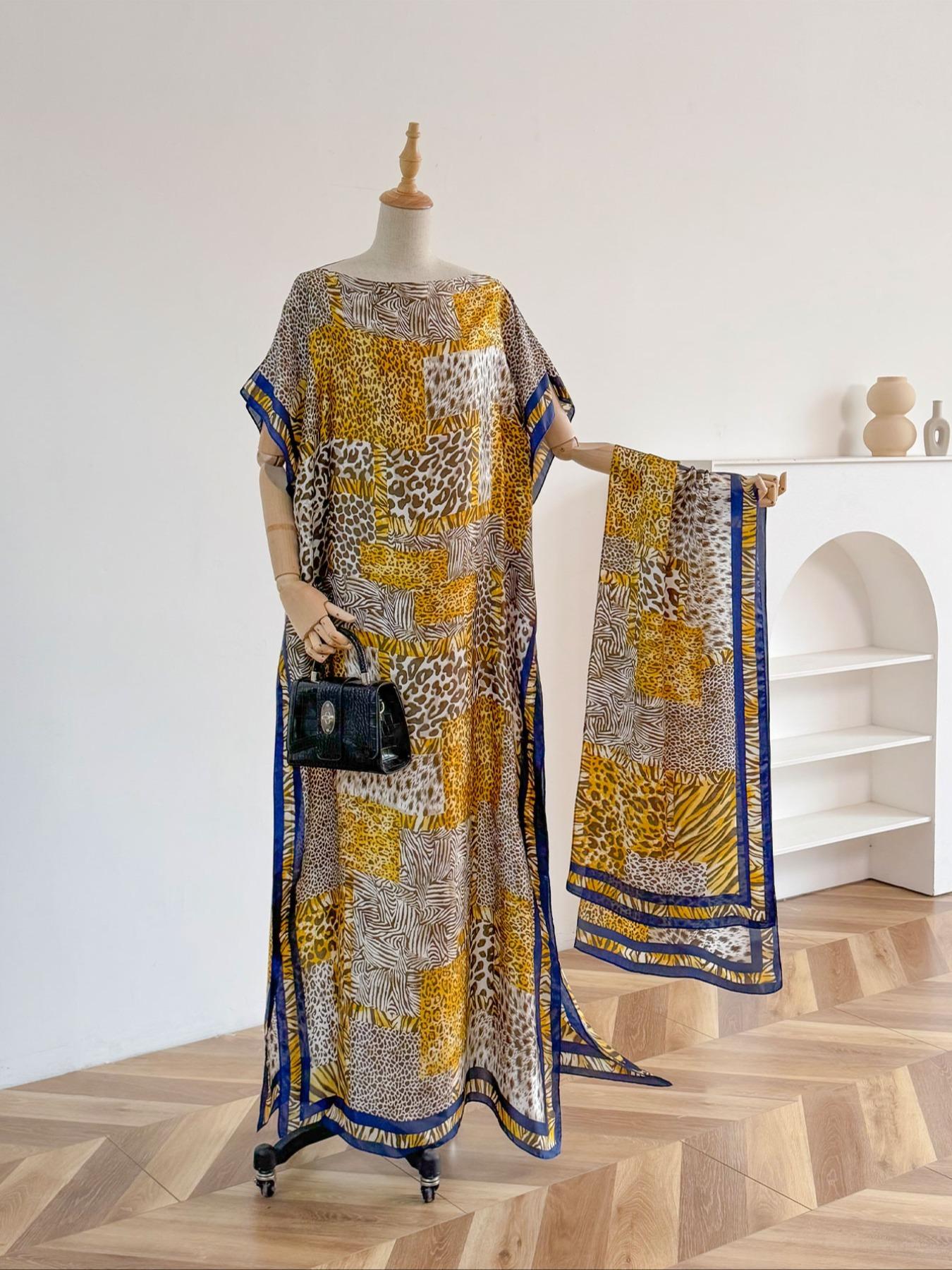Women's Leopard Print Long Sleeve Kimono & Scarf Set, Casual Open Front Outerwear & Shawl, Ladies Clothes for Beach Vacation, Beach Swimsuit Cover, Womenswear, Leopard Pattern