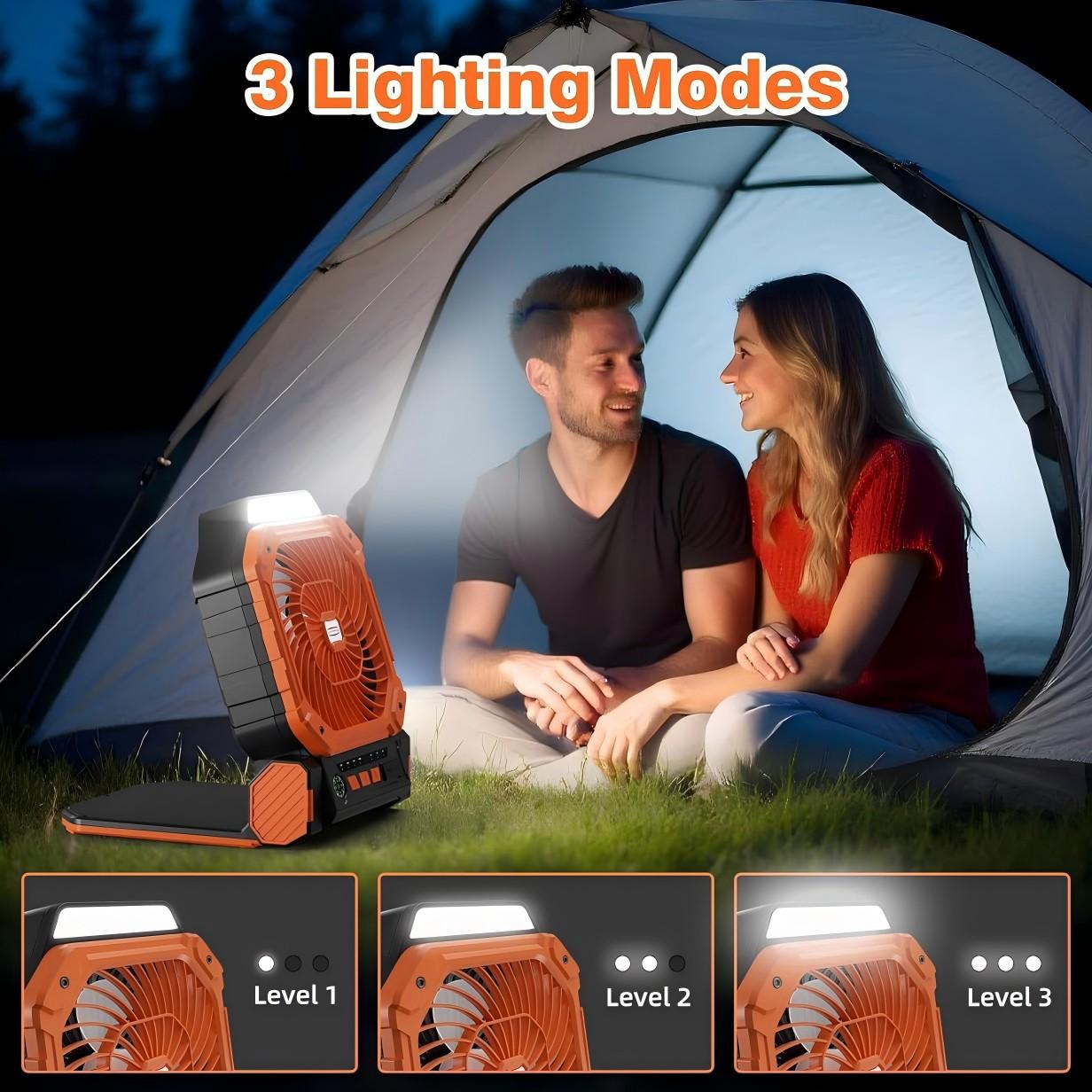 New Solar Powered Outdoor Fan with Solar Panel, Portable USB Charging, 4 Speeds, 3 Light Modes, Ultra Quiet, Timer, Camping Tent Fan