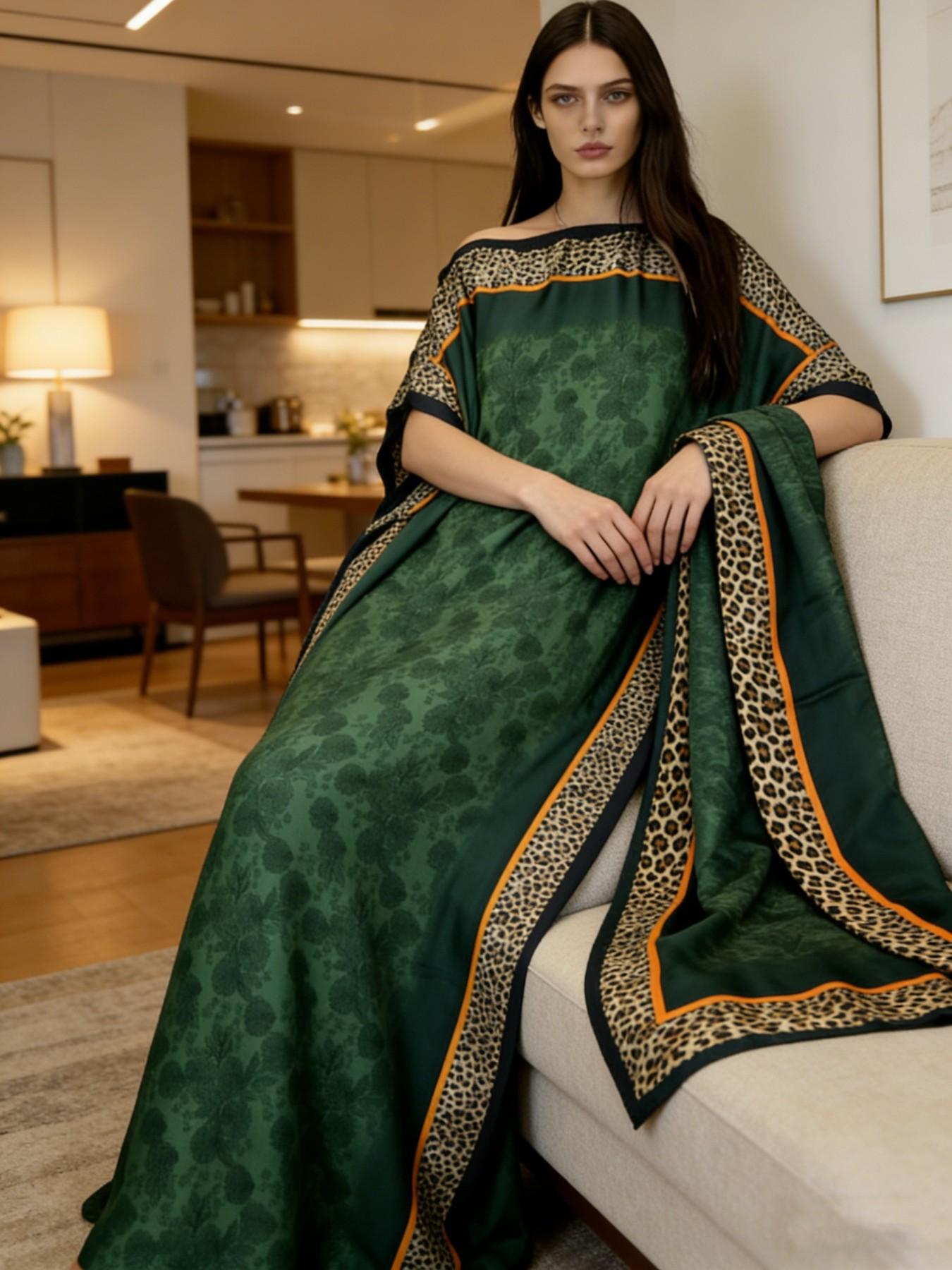 1dress+1scarf Viral Emerald Green Floral Print Satin Kaftan Maxi Dress with Matching Scarf – Silky Loose Fit, Plus Size Friendly, Luxury Loungewear, Beach Cover Up & Evening Party Wear, Must-Have Resort Fashion Piece