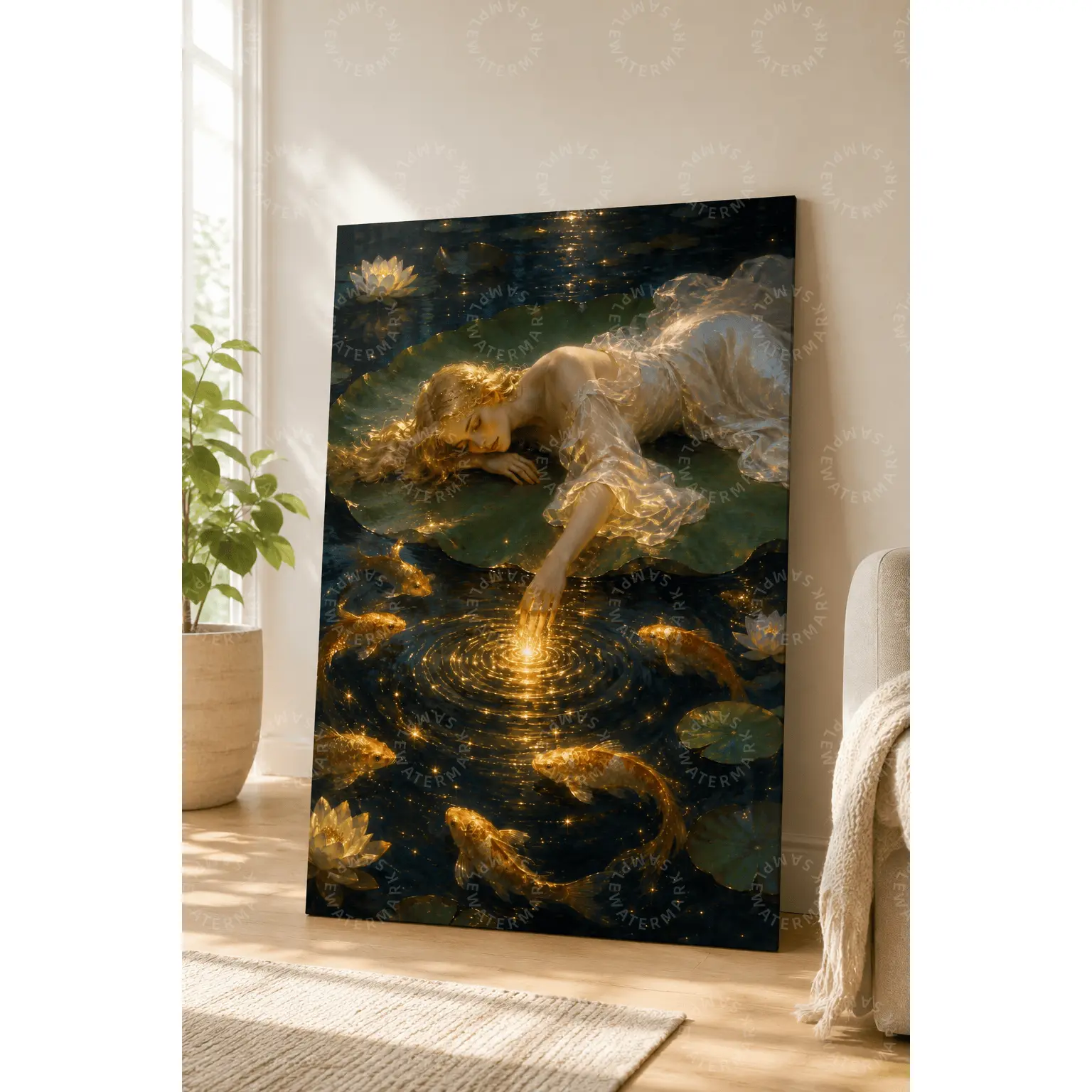 Dreamy Golden Koi Pond Wall Art, Ethereal Woman on Lily Pad Canvas Poster, Glowing Water Lily Fantasy Aesthetic Poster, Bedroom Wall Art, Living Room Decor, Office Wall Art, Teen Room Decor