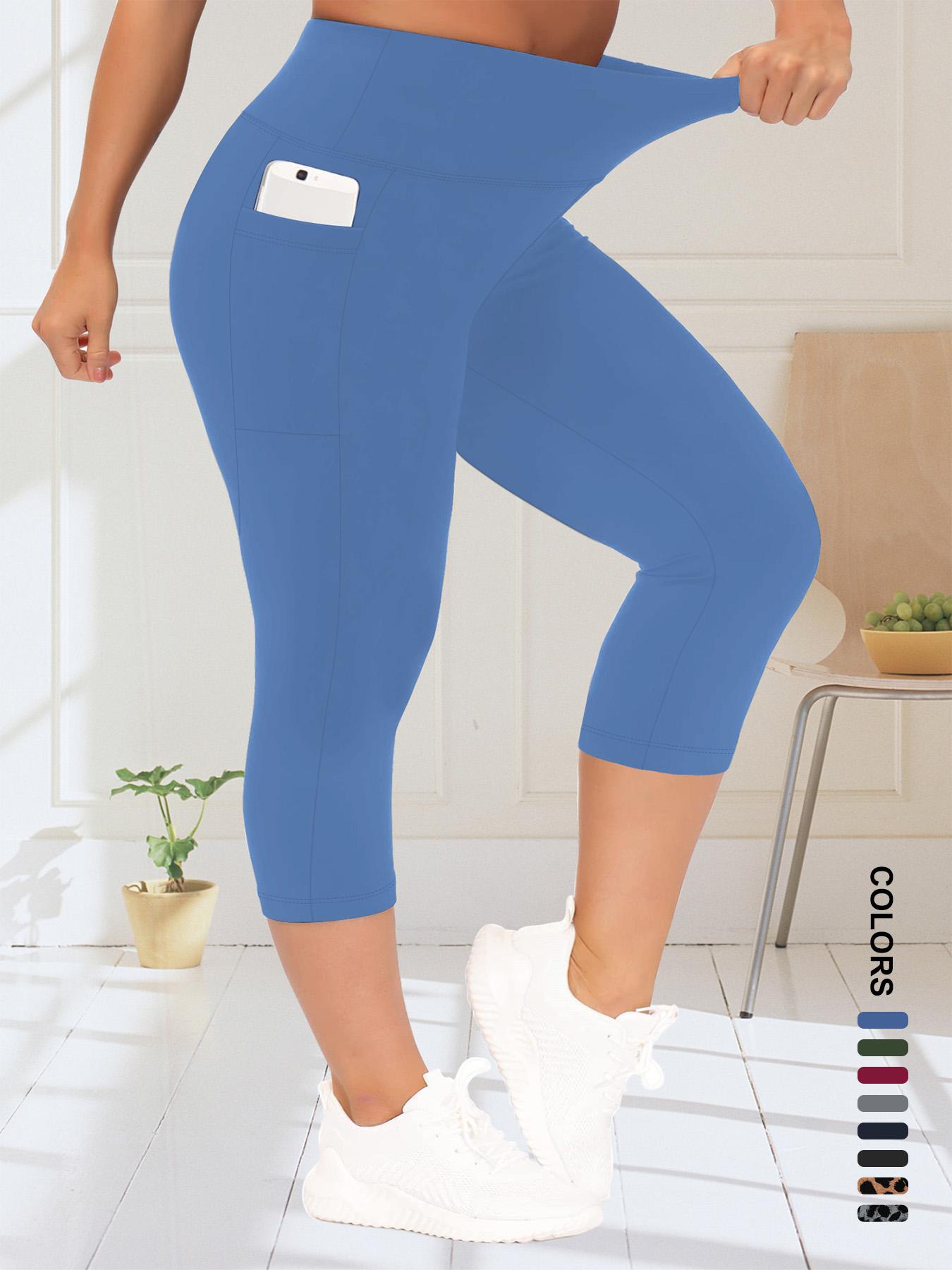 【Plus Size】 Solid/Leopard Pattern High Waist Pocket Capri Leggings, Casual Comfy Skinny Capri Pants for Daily Wear, Women's Bottoms for Summer