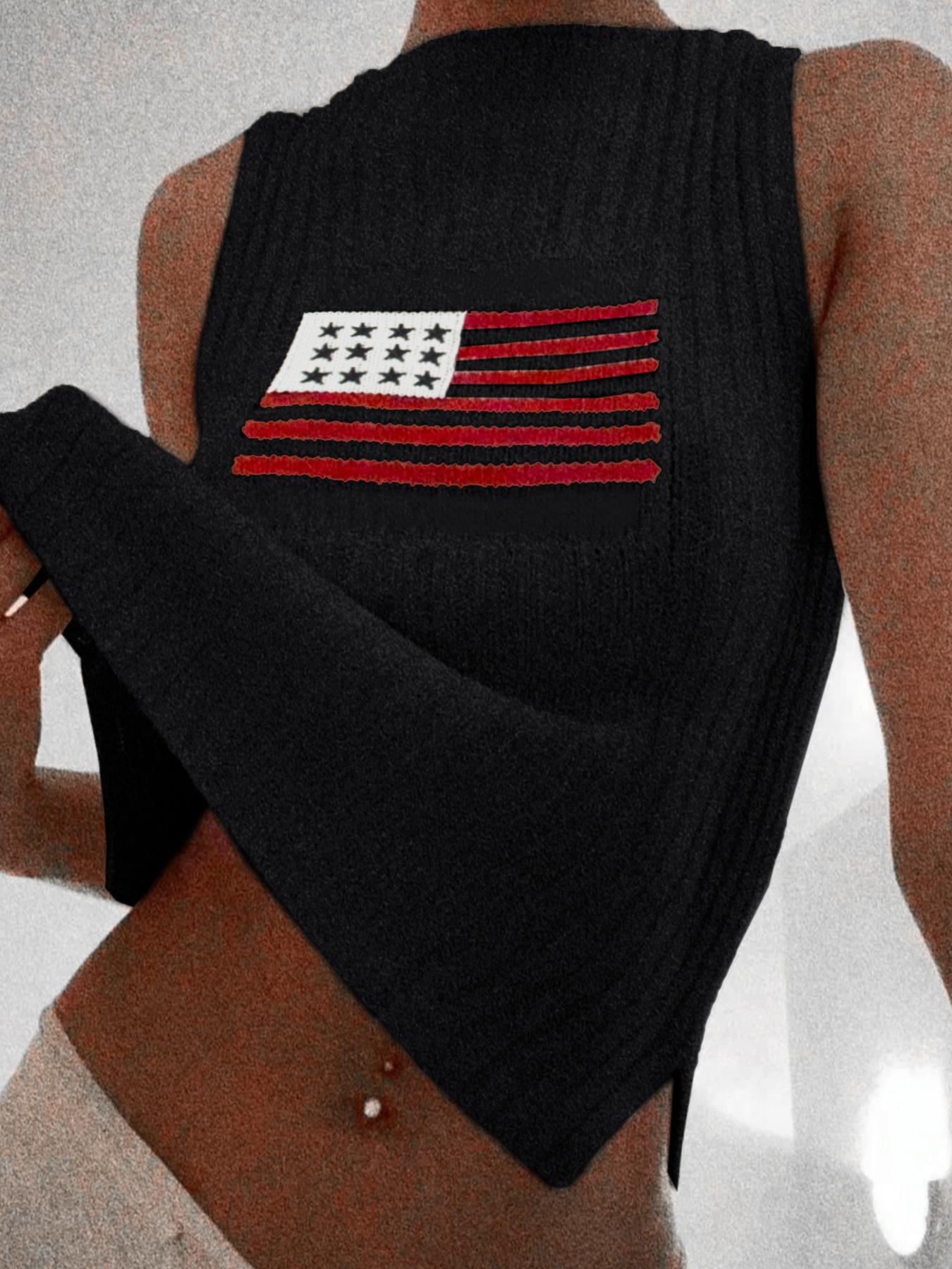 Women's Flag Graphic Print Split Hem Sweater Vest, Casual Fashion Round Neck Sleeveless Jumper Vest for Summer, Ladies Knit Clothing for Daily Wear