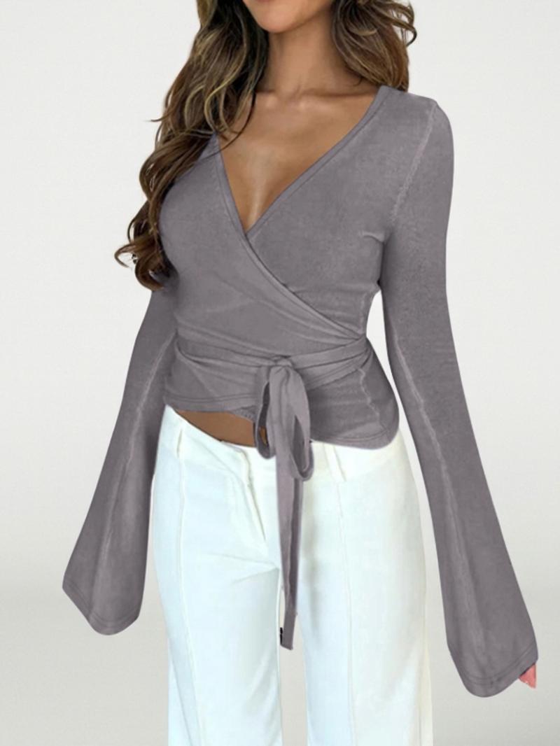 Women's Plain V-Neck Wrap Tee, Elegant Casual Long Sleeve T-shirt for Daily Outdoor Wear, Women's Clothing for Fall & Winter