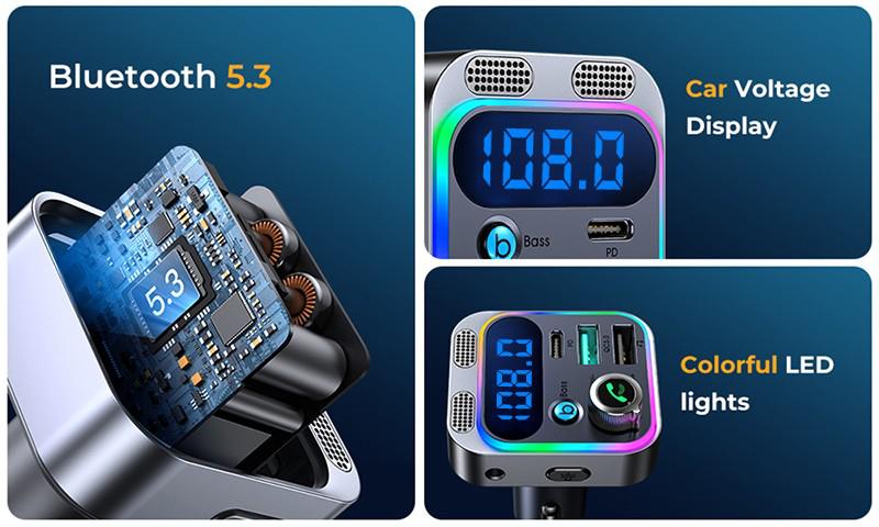 Fiowima USB C Bluetooth Adapter for Car, AUX Wireless FM Radio Transmitter, Handsfree Calling & Audio Receiver, MP3 Music Player, QC3.0 & Type-C PD USB Charger