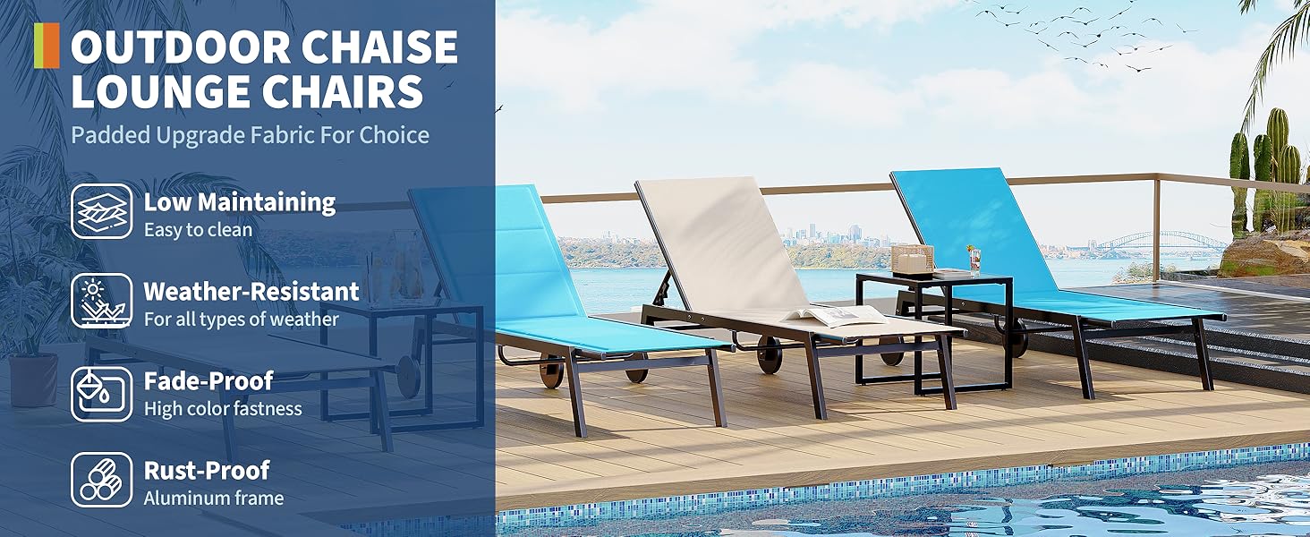 GARVEE3-Piece Patio Chaise Lounge Set with Adjustable Backrest, Side Table, and Wheels - Ideal for Poolside and Outdoor Relaxation
