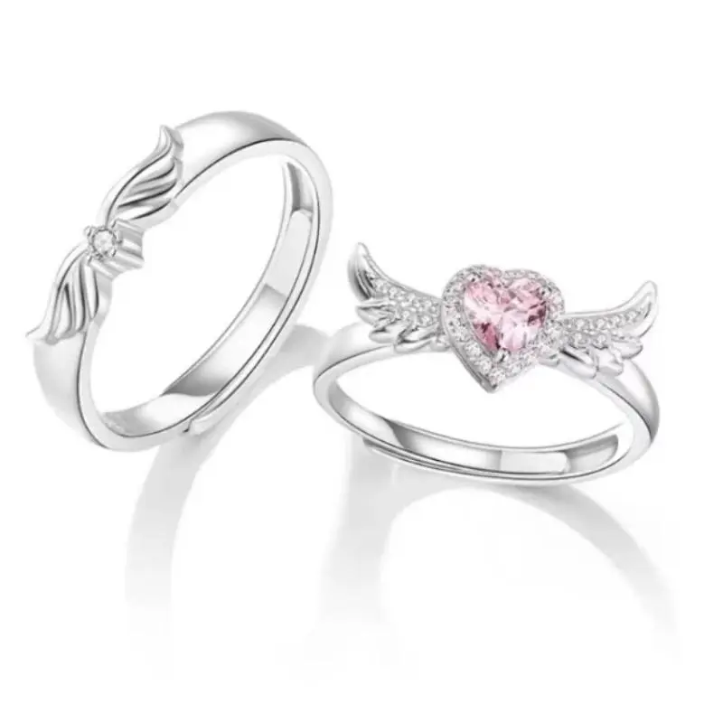 Chic Angel Wing Ring for Couple Pink Heart Cubic Zirconia Eternity Rings Romantic Forever Love Finger Jewelry Valentine Day Gift
