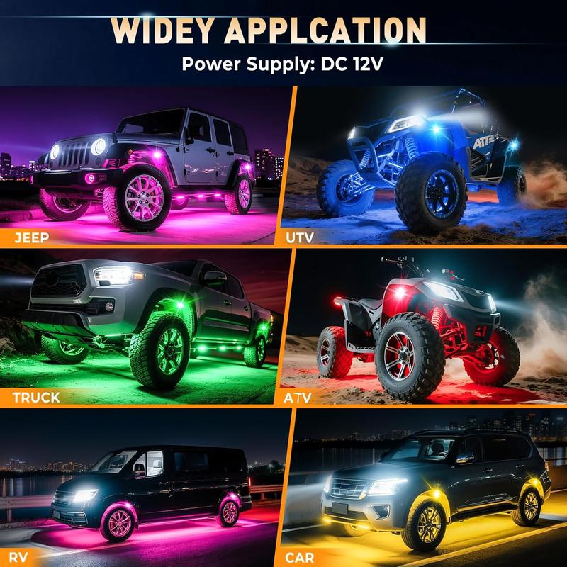 High-Quality RGB Car Rock Lights Underglow Pods (4/6/8/10/12/14) with Bluetooth-Compatible App Control, Multi-Color Neon Music Mode, IP68 Waterproof, Fit for Truck, ATV, UTV, RZR and SUV, Men's Car Lighting Gift