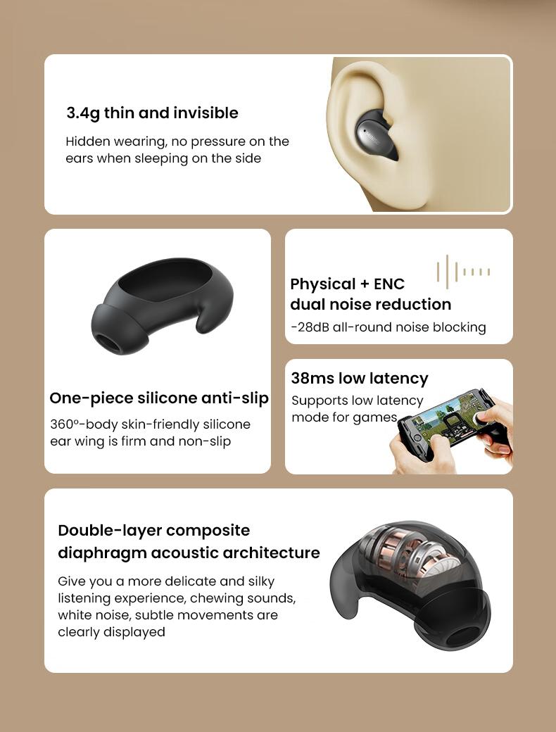 MINISO MS153 Wireless Sleep Earbuds Noise Blocking Headphones for Sleep Comfortable Fit Bluetooth 5.4 Earphones Side Sleeping In-Ear Headsets Noise reduction and sleep aid