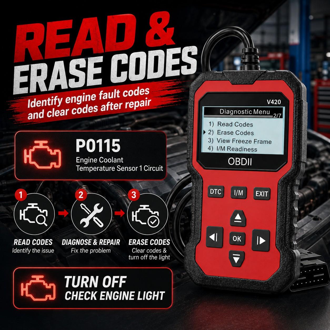 OBD2 Diagnostic Scanner, 1 Count Accurate Code Reader, Efficient Engine Light Diagnostic Aid, and Reliable Battery Voltage Tester for OBD2 - Compliant 12V Cars and Trucks Since 2003