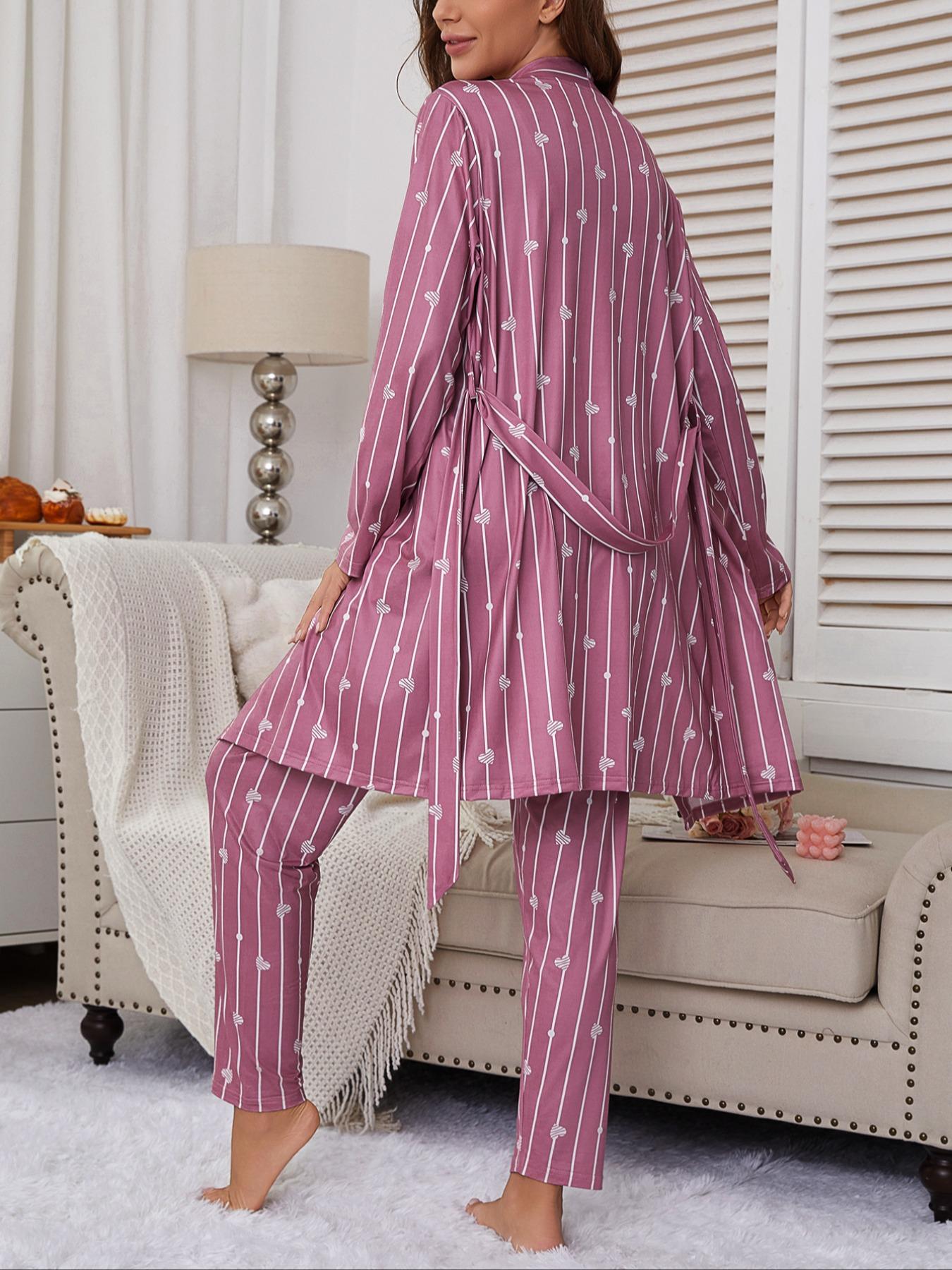 Women's Heart Striped Print Tank Top Long Pants + Belted Robe 3 Piece Sleepwear Set, Casual Home Wear, All Seasons, Loungewear