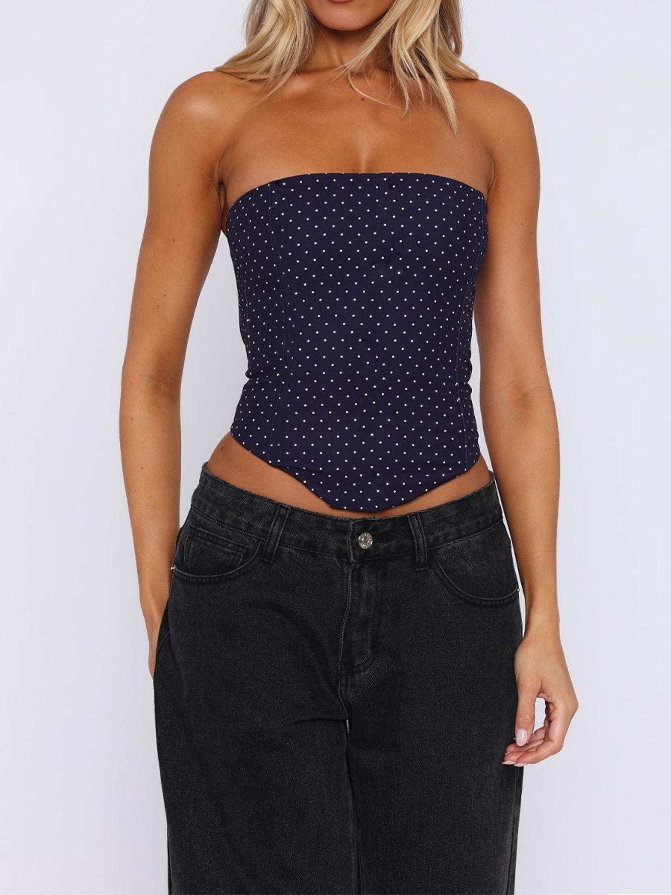 Women's Fashion New Elegant Polka Dot Basic Party Sexy Tie Back Strapless Bralette Tops, All Seasons No Elasticity Woven, Perfect for Parties