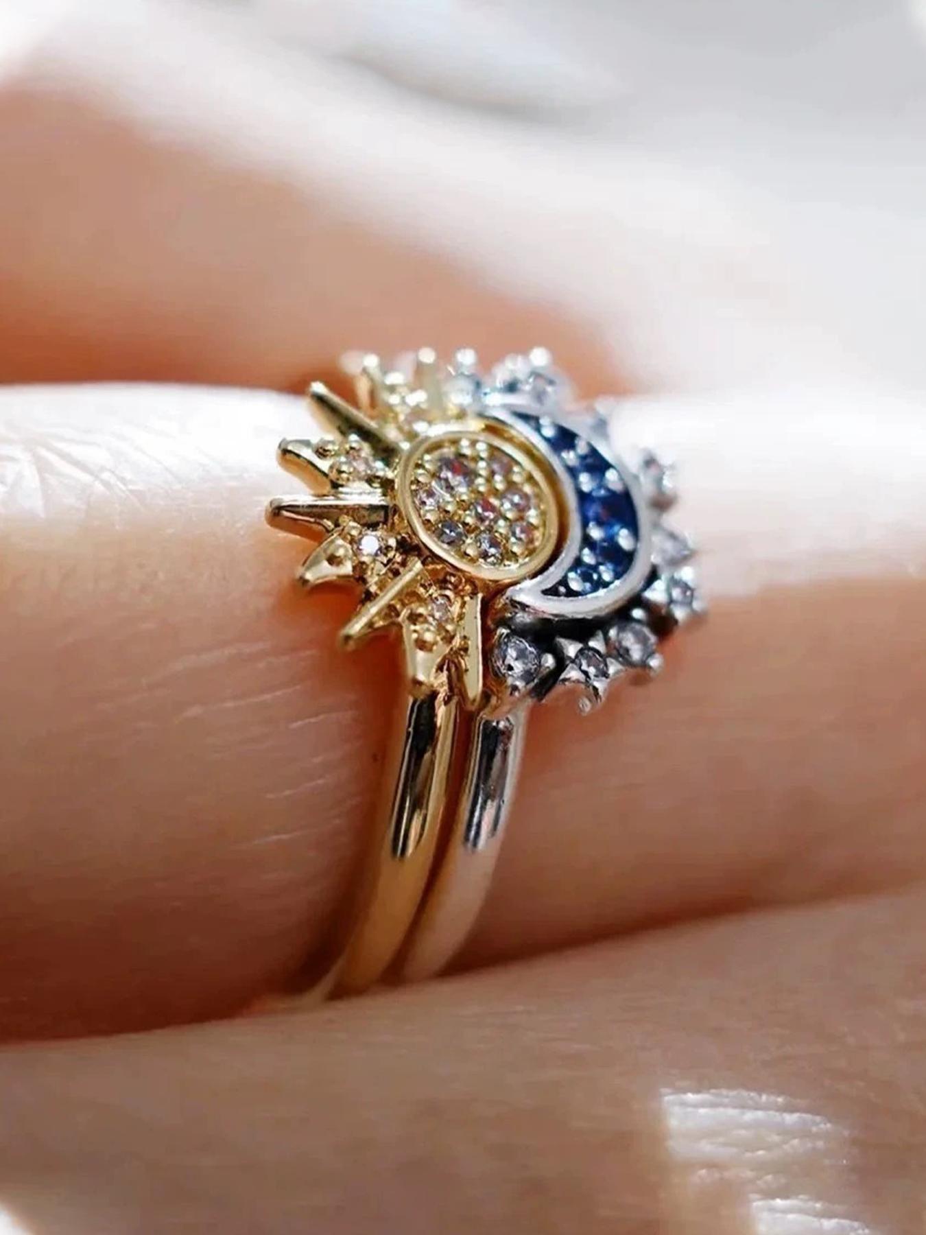 Sun Moon Couple Rings, Blue Celestial Design, Simple Rhinestone Wedding Band, Perfect Gift for Girlfriend & Best Friend