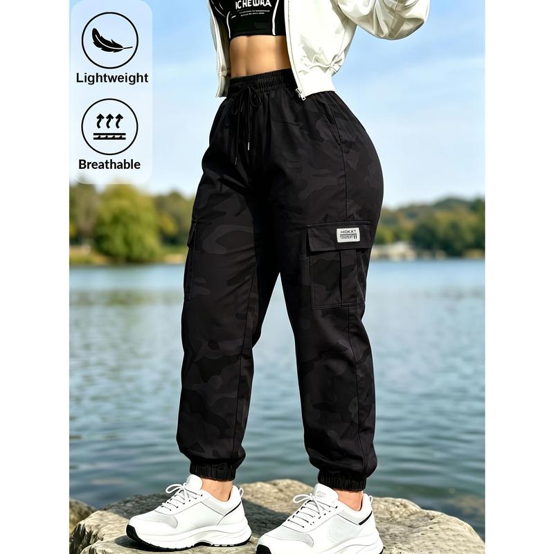 Women's Camo Cargo Joggers Lightweight Breathable Drawstring Waist Multi Pocket Tapered Pants for Hiking Workout Streetwear.