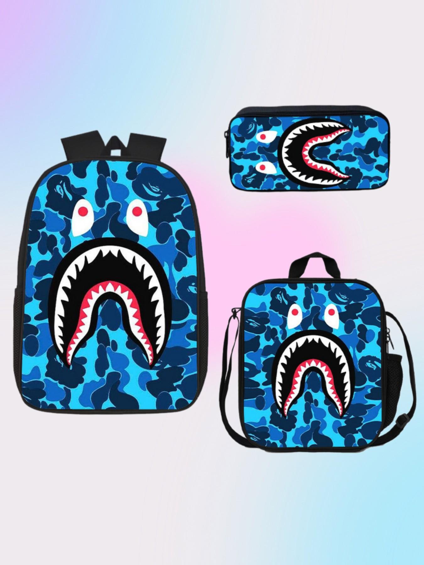 Shark Mouth Backpack Set, Camouflage Student School Bag, Large Capacity Campus Backpack for Boys and Girls, 3-Piece Set