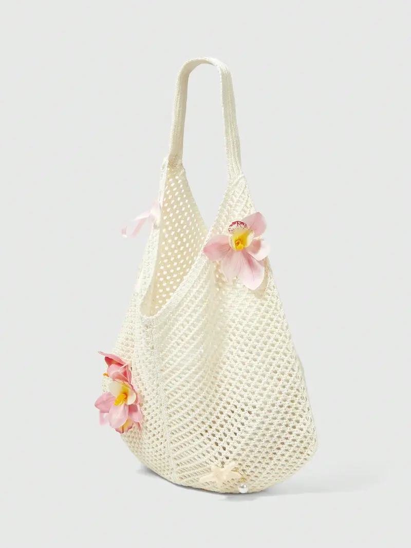 Hollow Out Knit Floral Embellished Aesthetic Tote Bag, Orchid Flower Ribbon Decoration, Large Capacity Shoulder Bag for Fall Winter Beach Vacation