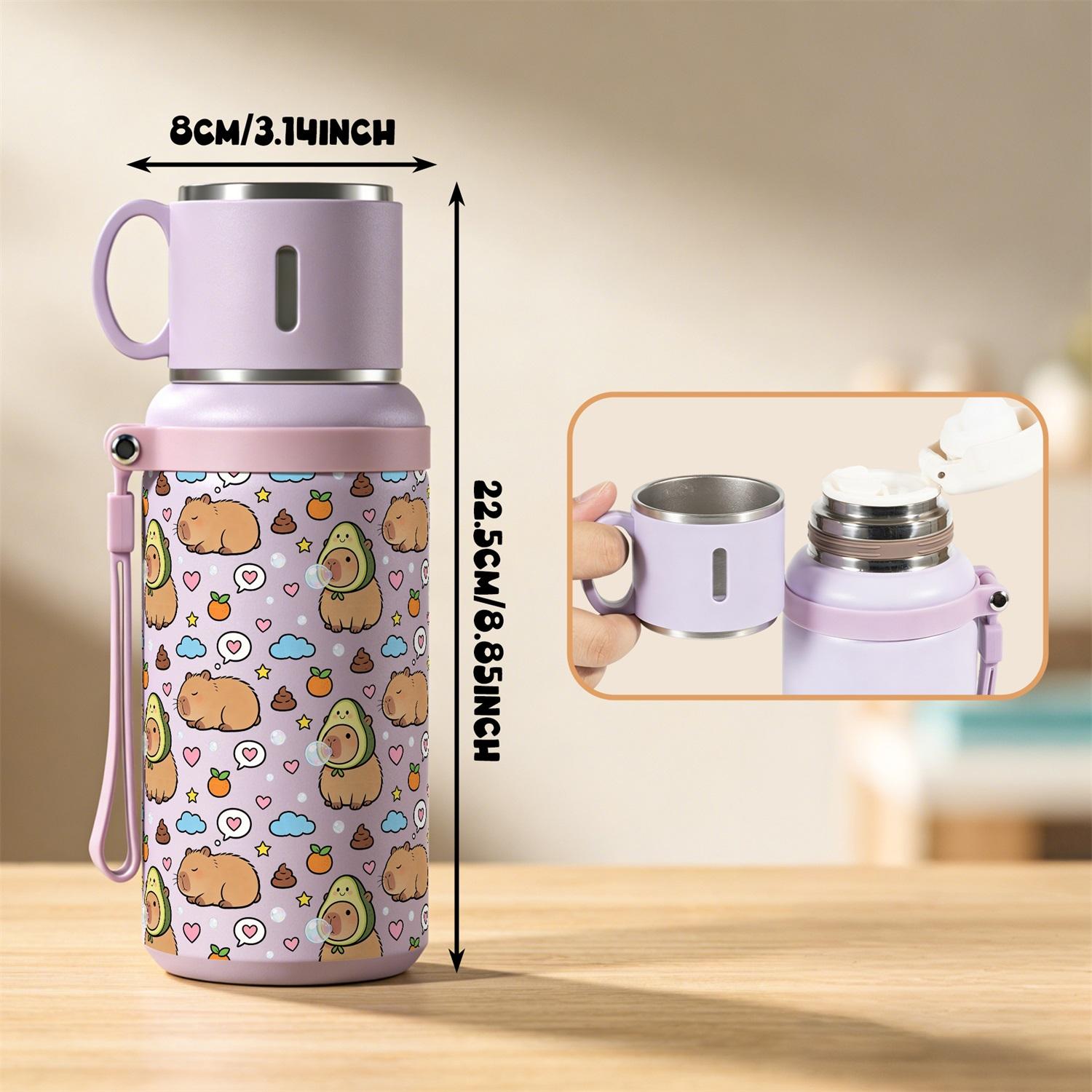 1PC, 20oz Insulated Stainless Steel Water Bottle, Vacuum Flask with Cup Lid That Doubles as Handle Cup, Double Wall Insulated Travel Mug, Portable for Camping, Hiking, School & Office, Cute Capybara Pattern, Ideal