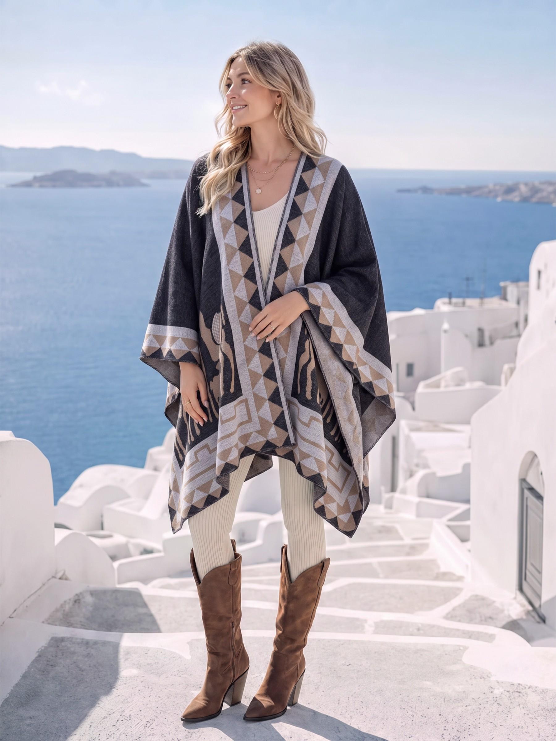 Thickened Unisex Scarf Shawl, Casual All-Over Print Fitted Wrap, Warm Outerwear for Fall & Winter, Office Use Blanket